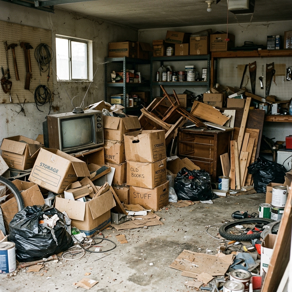Garage full of junk before cleanup